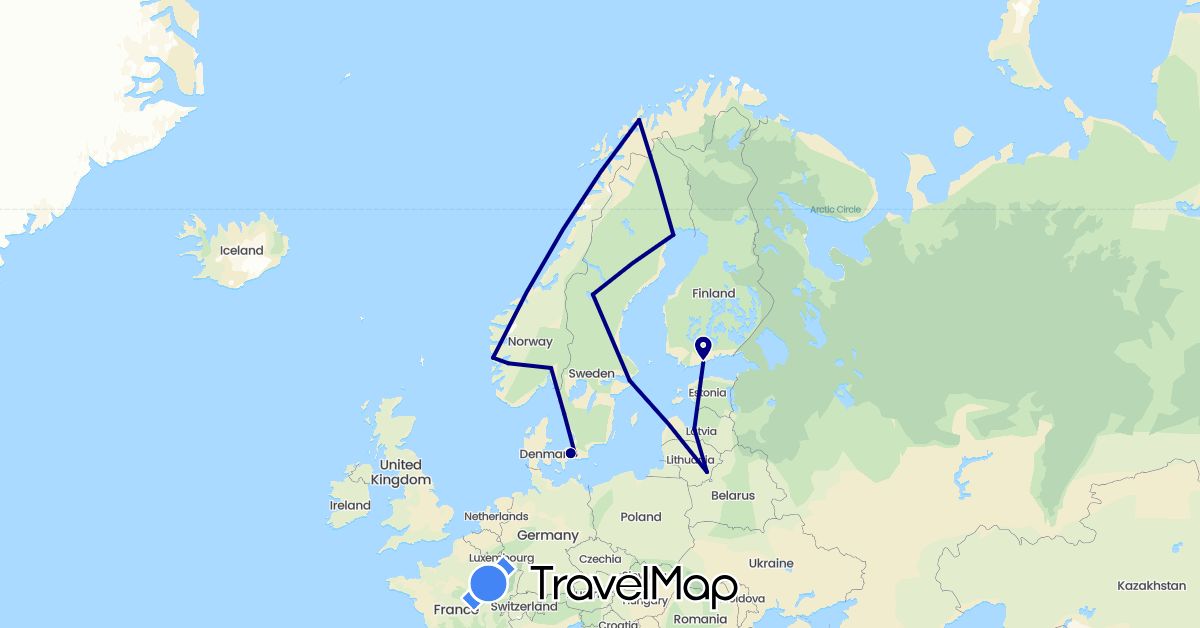 TravelMap itinerary: driving in Denmark, Estonia, Finland, Lithuania, Latvia, Norway, Sweden (Europe)